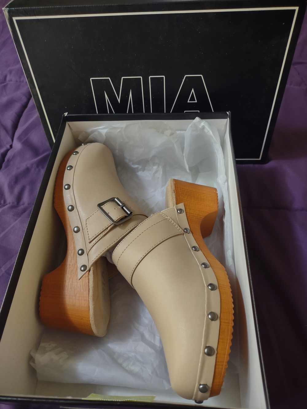 MIA Milou Nappa Beige Studded Clog Mules